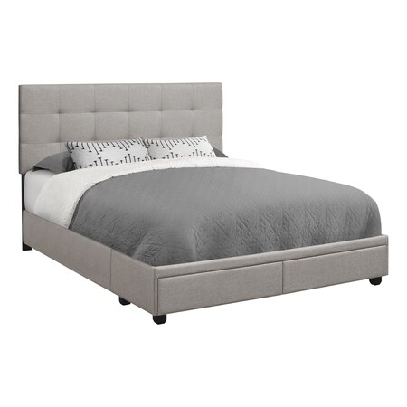 Monarch Specialties Bed, Queen Size, Platform, Bedroom, Frame, Upholstered, Linen Look, Wood Legs, Grey, Transitional I 6020Q